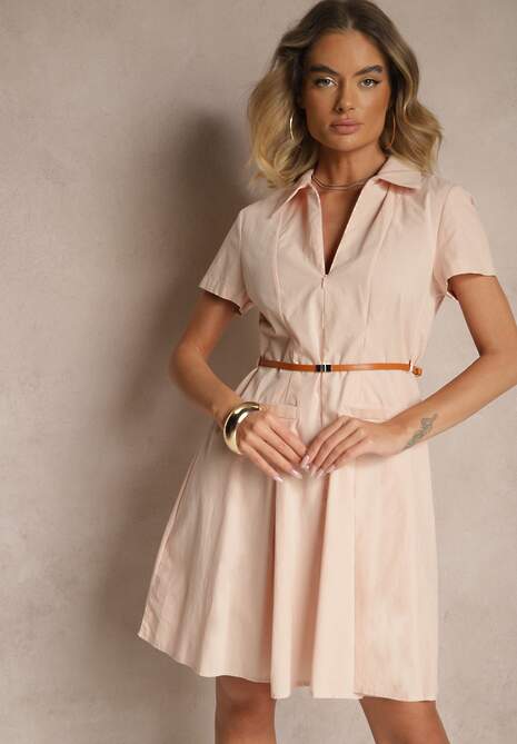 Różowa Sukienka Koszulowa z Cienkim Paskiem w Talii Weolessa