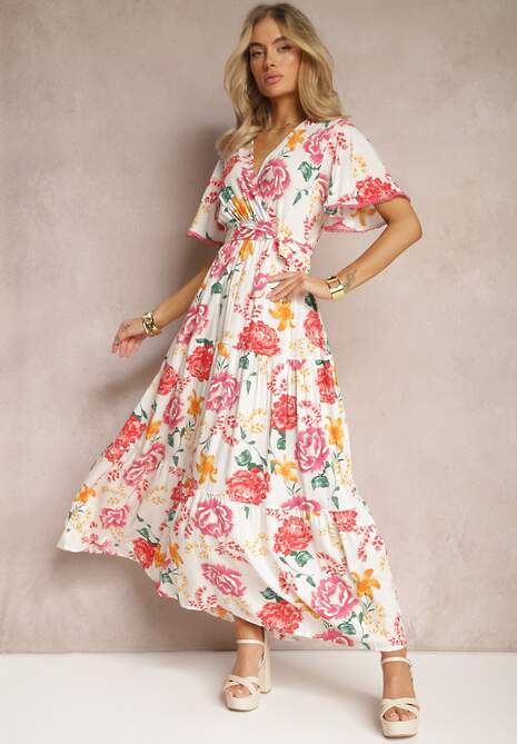 Biała Sukienka z Kopertowym Dekoltem i Falbanką Ozdobiona Kwiatowym Motywem Nisavela