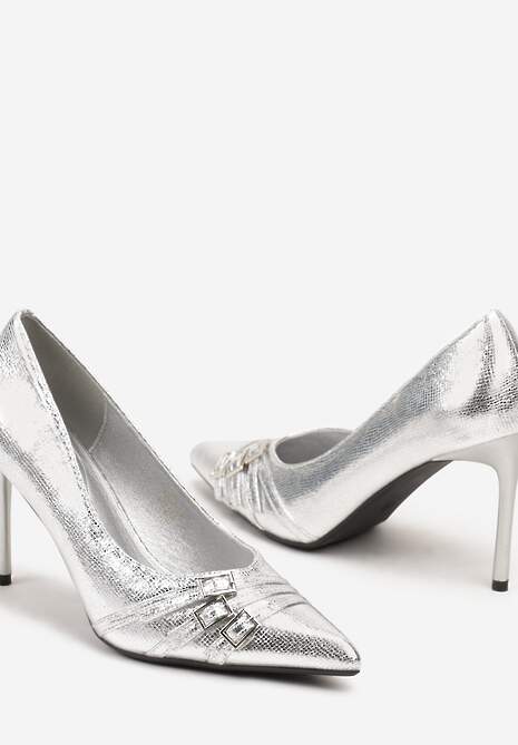 Srebrne Klasyczne Szpilki z Noskiem w Szpic Ozdobionym Klamerkami i Paseczkami Railanne