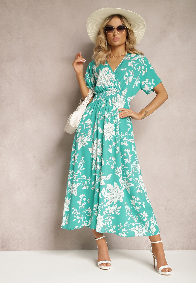 Jasnozielona Rozkloszowana Sukienka Kopertowa z Kwiatowym Wzorem Mareal