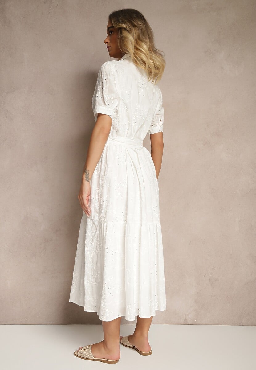 Biała Ażurowa Sukienka z Bawełny Wiązana w Pasie Koszulowa Divanira