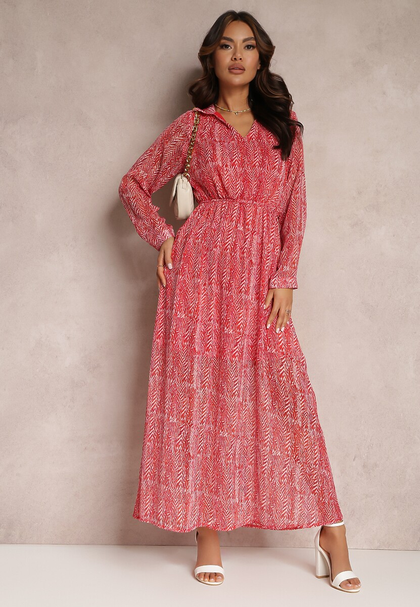 Czerwona Rozkloszowana Sukienka z Metaliczną Nitką i Sznurkiem Vivlit