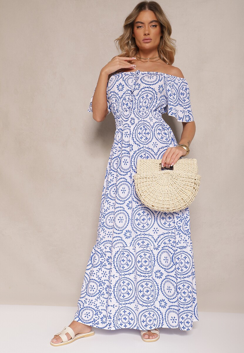 Niebiesko-Biała Sukienka o Rozkloszowanym Kroju z Bawełną w Abstrakcyjny Wzór Ldivena