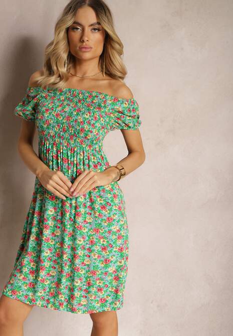 Jasnozielona Wiskozowa Sukienka Hiszpanka w Kwiatowy Wzór Pialara