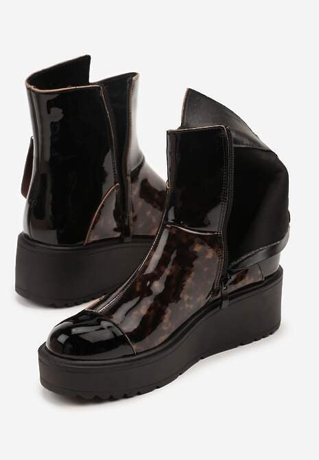 Czarno-Brązowe Botki Lakierowane Vices na Koturnie i Platformie Ozdobione Suwakiem Gattie