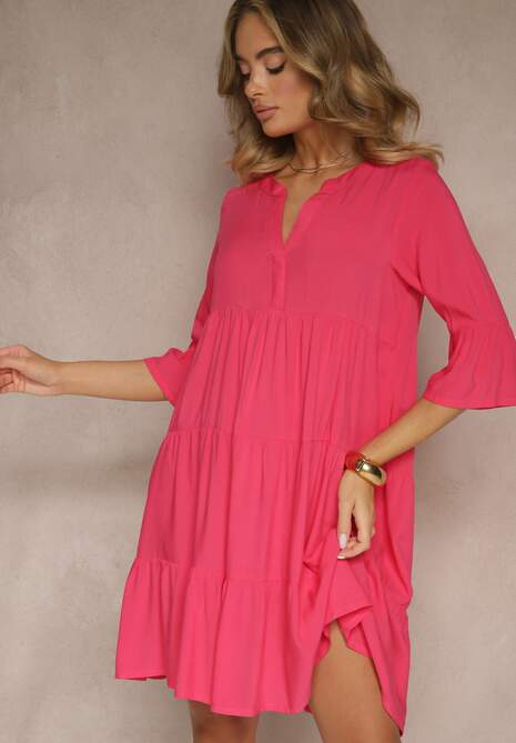 Ciemnoróżowa Wiskozowa Sukienka o Rozkloszowanym Kroju Ozdobiona Falbanami Lirione