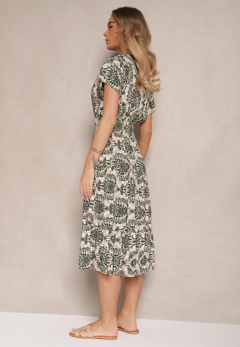 Ciemnozielona Rozkloszowana Sukienka z Bawełny z Gumką w Talii Desanita