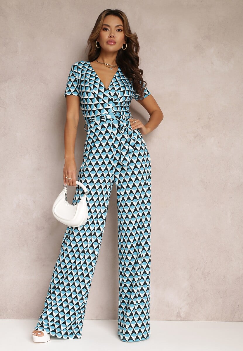 Niebieski Kopertowy Kombinezon z Krótkim Rękawem i Długimi Nogawkami Avrey