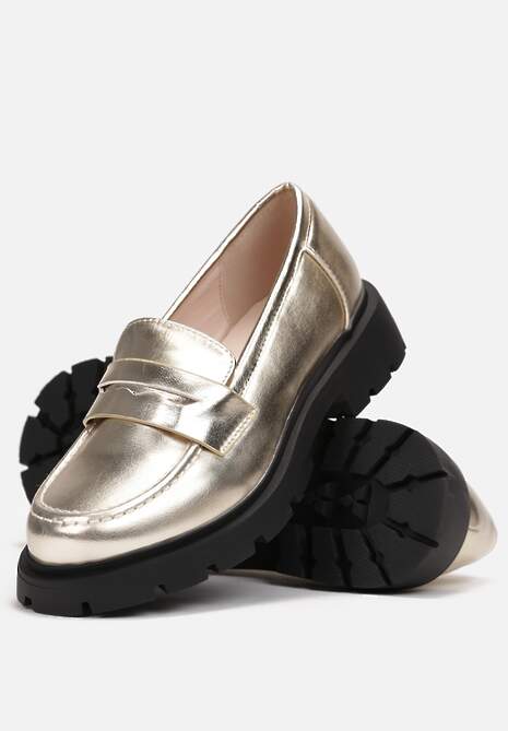 Złote Mokasyny na Grubej Podeszwie z Ozdobną Patką Bambina