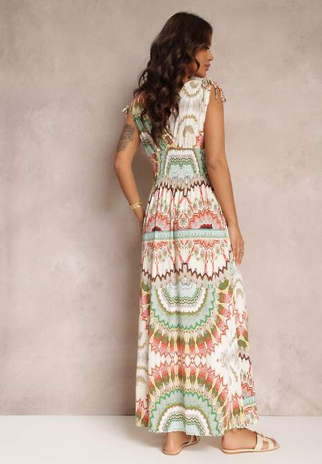 Zielona Sukienka z Wiskozy ze Wzorem Tie Dye z Gumką w Talii Brisea