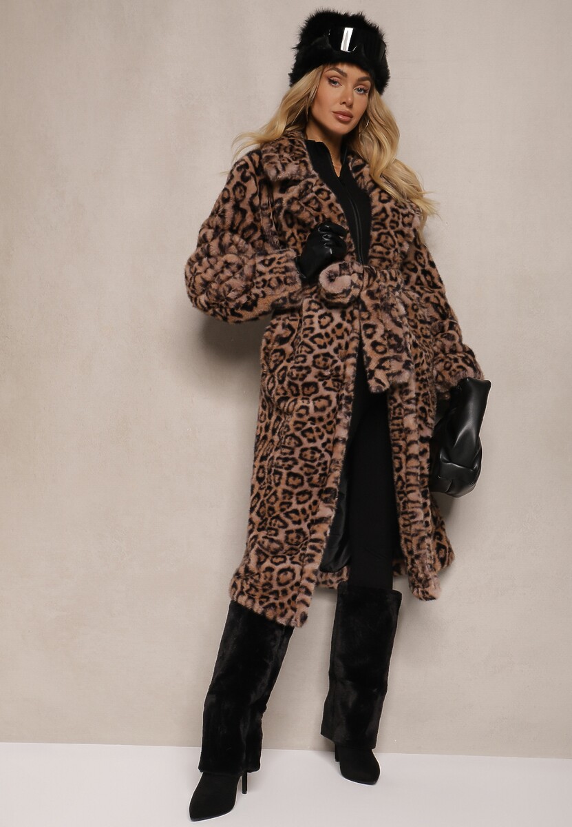 Brązowy Futrzany Płaszcz w Panterkę Wiązany w Talii Paskiem Adelora