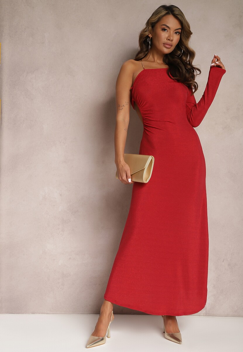 Czerwona Asymetryczna Sukienka Maxi na Jedno Ramię z Ozdobnym Łańcuszkiem Ombrelle