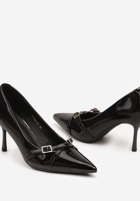 Czarne Lakierowane Szpilki Vices z Klamrami i Paskami Tamirella