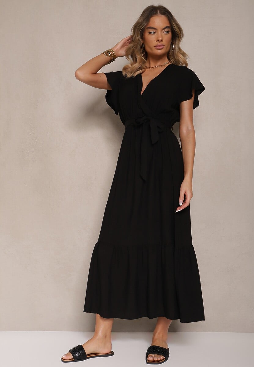 Czarna Kopertowa Sukienka z Wiskozy Ozdobiona Paskiem Savioneira