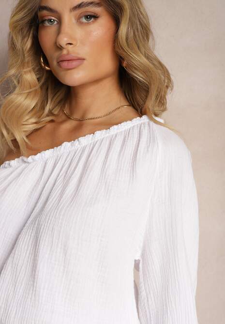 Biały Bawełniany Kombinezon z Gumką w Talii na Jedno Ramię Vimella