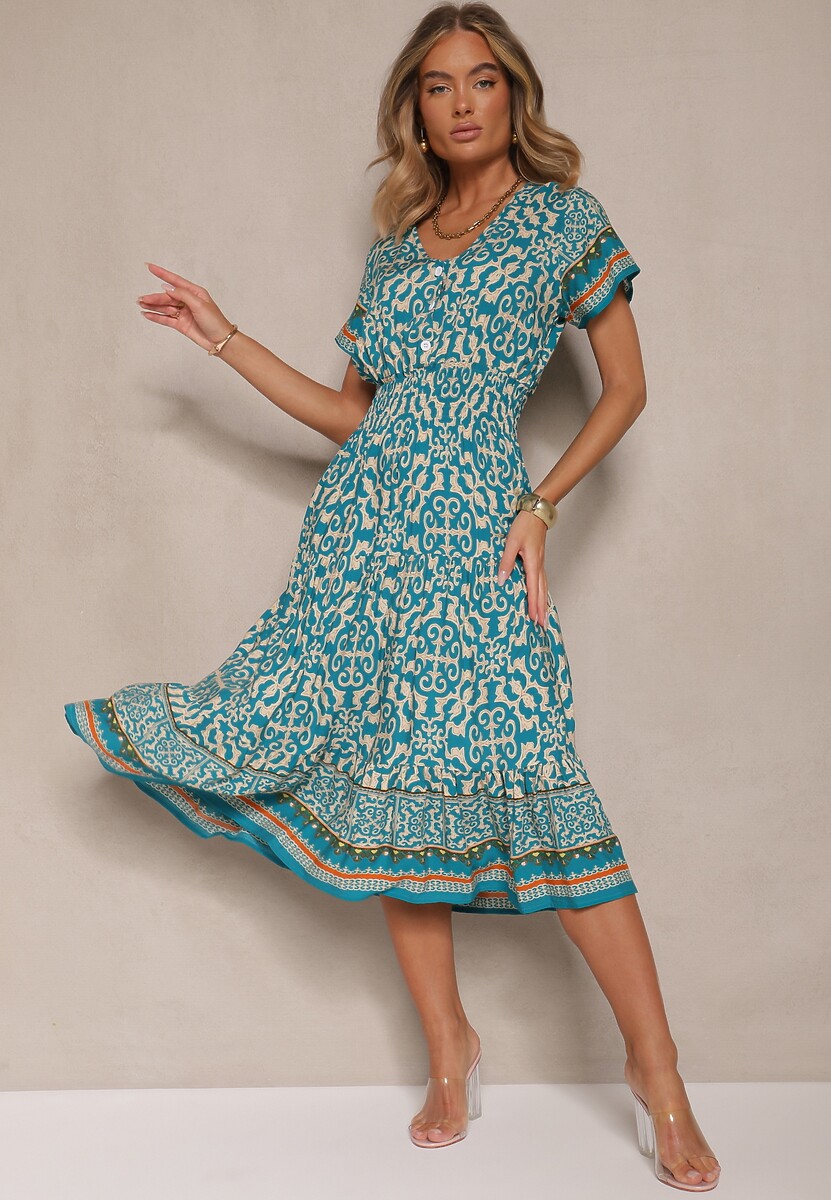 Jasnozielona Sukienka z Bawełny z Gumką w Pasie i Ozdobnymi Guzikami Natifarela