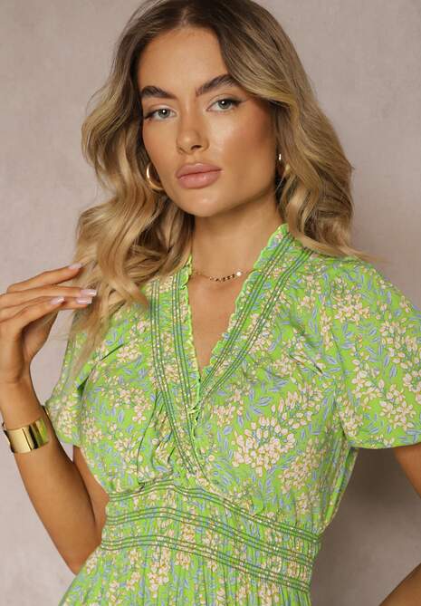 Jasnozielona Trapezowa Sukienka z Bawełny z Bufiastymi Rękawami Falbaną i Gumką w Talii Vimayana