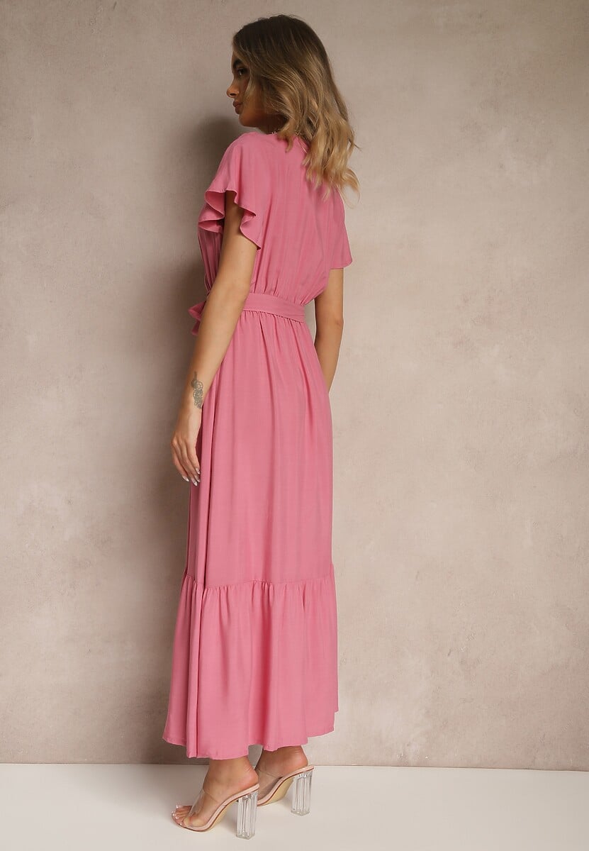 Różowa Kopertowa Sukienka z Wiskozy Ozdobiona Paskiem Savioneira