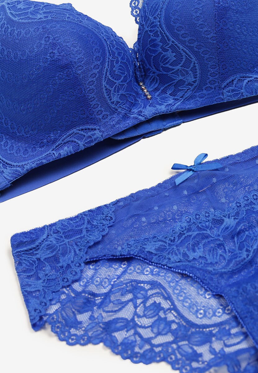 Granatowy Komplet Koronkowy z Kokardkami Majtki typu Figi i Biustonosz Full Cup Iriniues