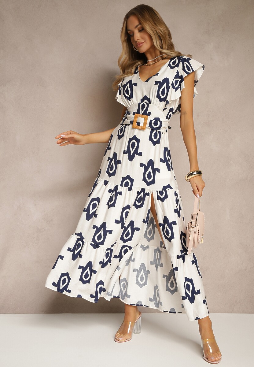 Biało-Granatowa Wiskozowa Sukienka w Geometryczny Wzór z Paskiem z Klamrą Viriala