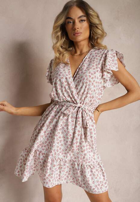 Beżowo-Różowa Kwiecista Sukienka z Falbankami z Gumką w Talii i Materiałowym Paskiem Nannesa