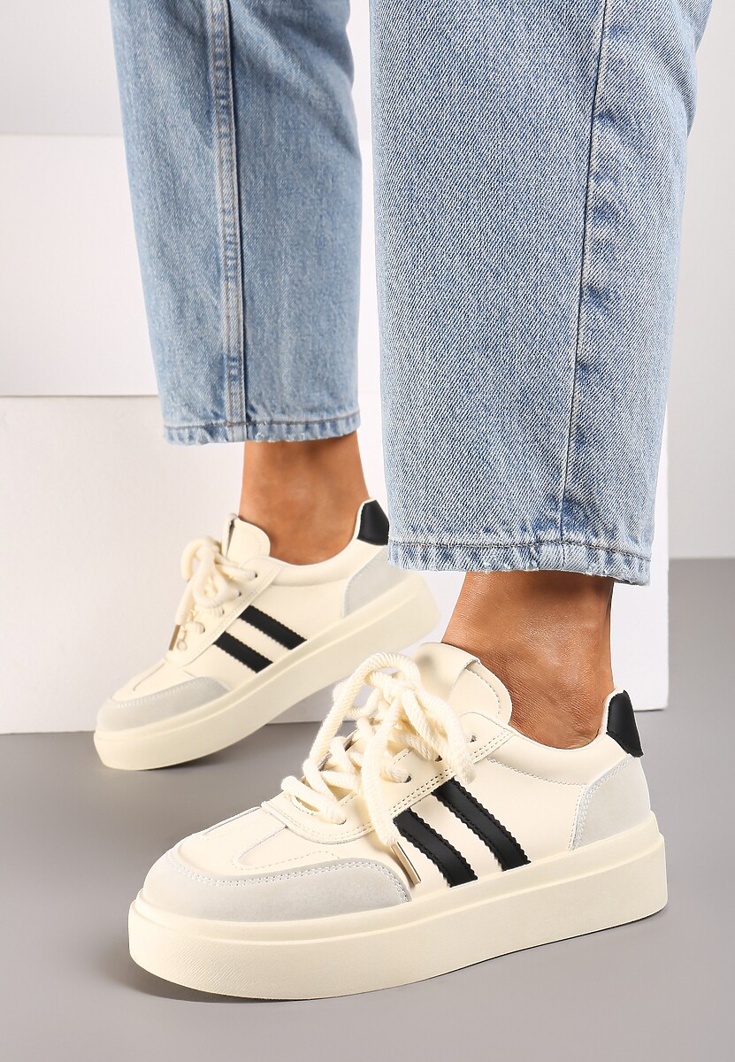 Beżowo-Czarne Sznurowane Sneakersy na Platformie Ozdobione Paskami Tialise