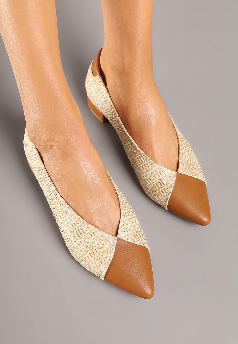 Brązowe Czółenka Ozdobione Plecionką na Płaskim Obcasie Selliova