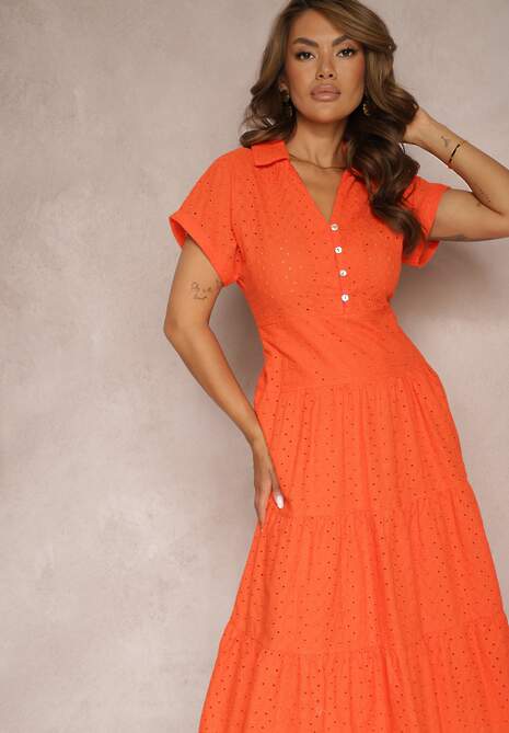 Pomarańczowa Ażurowa Sukienka z Bawełny z Krótkim Rękawem i Guzikami Obitha
