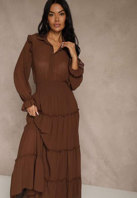 Brązowa Sukienka VICES Koszulowa z Falbaną w Rustykalnym Stylu Arivite
