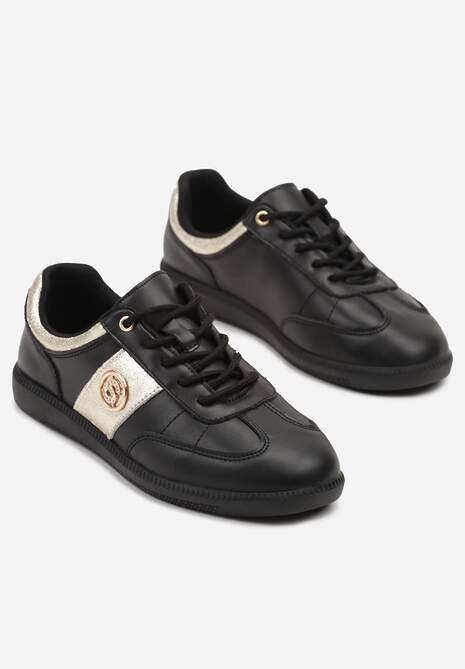 Czarno-Złote Sneakersy Skórzane Typu Kultowe Tenisówki z Metaliczną Aplikacją Ollisena