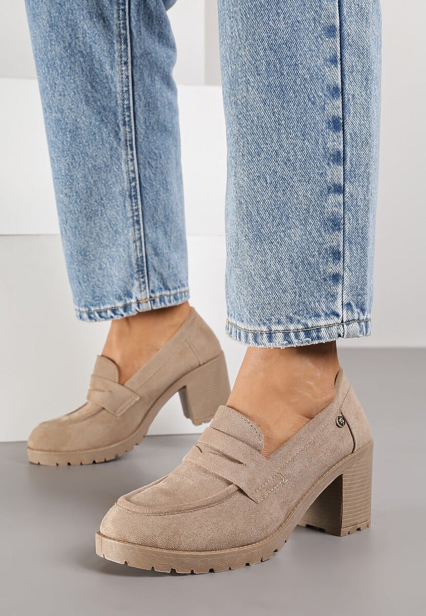 Ciemnobeżowe Półbuty Mokasyny z Ekozamszu na Słupku i Platformie Andarco