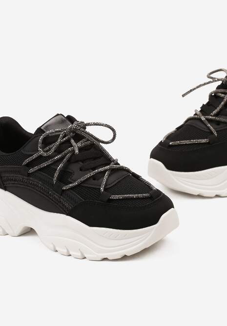 Czarne Sneakersy na Grubej Podeszwie Ozdobione Cyrkoniami i Brokatem Klineria