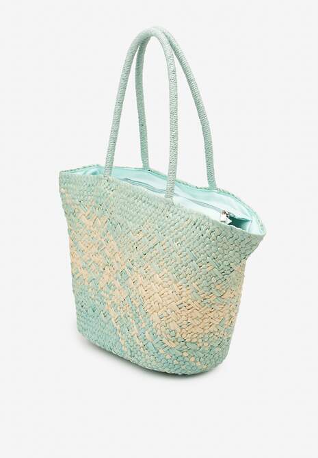 Niebiesko-Beżowa Duża Torebka z Plecionki w Stylu Boho Zapinana na Zamek Błyskawiczny Noico