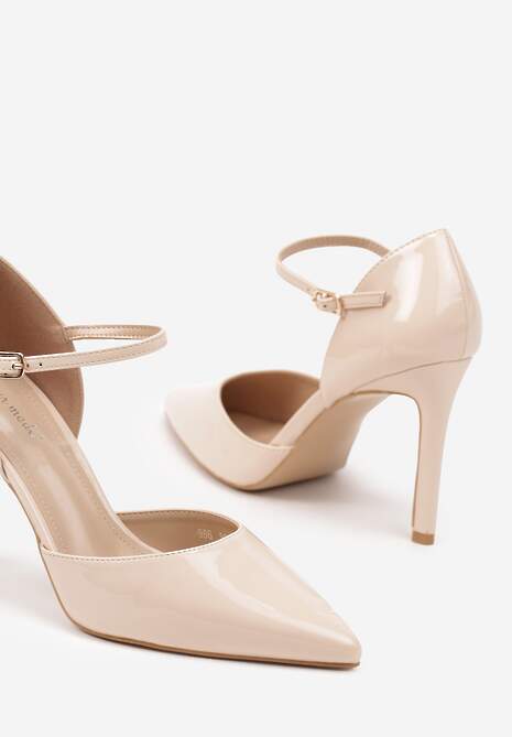 Beżowe Szpilki z Lakierowanym Połyskiem i Paskiem na Sprzączkę Norilia