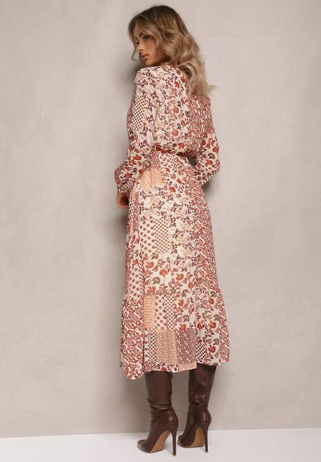 Beżowo-Różowa Sukienka Midi z Gumką w Talii i Falbanką Besslia