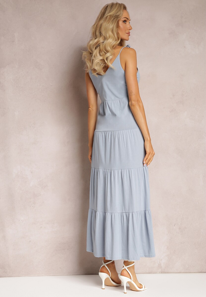 Jasnoniebieska Bawełniana Sukienka Maxi z Wiązanymi Ramiączkami i Rozkloszowaną Falbaną Mariones