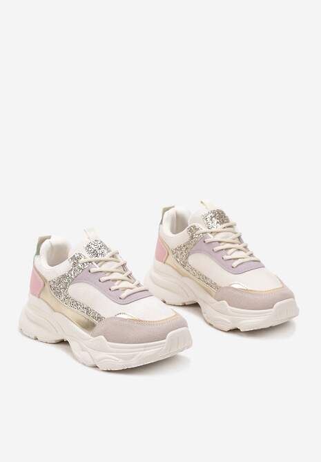 Beżowo-Różowe Sneakersy na Platformie z Tłoczeniem Ozdobione Cekinami Narisae