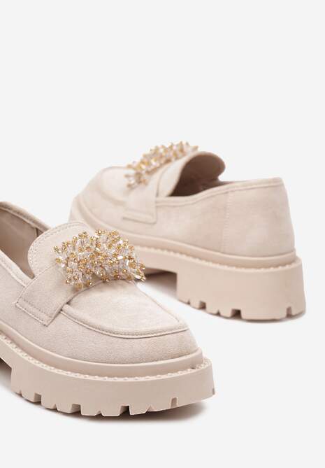 Beżowe Mokasyny z Aplikacją z Biżuteryjnych Koralików Viatalia