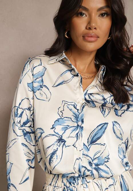 Biało-Niebieska Koszula z Wiskozą i Kwiatowym Wzorem Fenellea