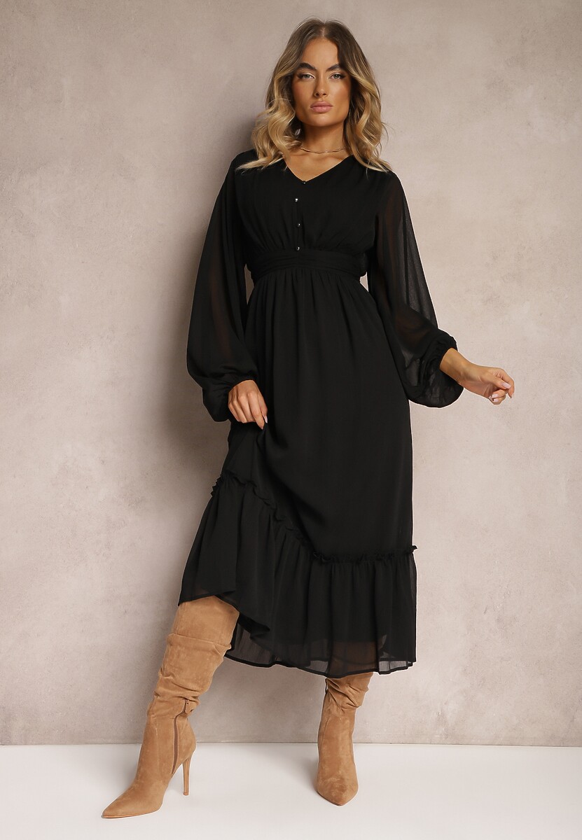 Czarna Plisowana Sukienka Koktajlowa Ozdobiona Guzikami i Falbankami Osumia