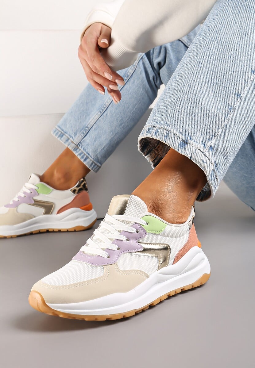 Beżowo-Fioletowe Sneakersy na Płaskiej Podeszwie ze Sznurowaniem i Materiałowymi Wstawkami Haretta