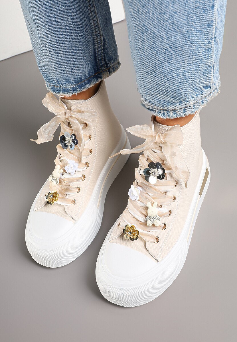 Beżowe Trampki na Platformie z Wysoką Cholewką Ozdobione Cyrkoniami Fenvisa