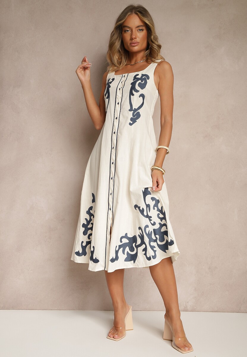 Pomarańczowa Bawełniana Sukienka z Guzikami i Haftami Milonellea