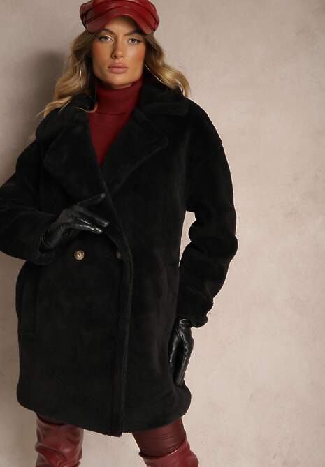 Czarny Dwurzędowy Płaszcz Futrzany o Długim Kroju Typu Teddy Malwika