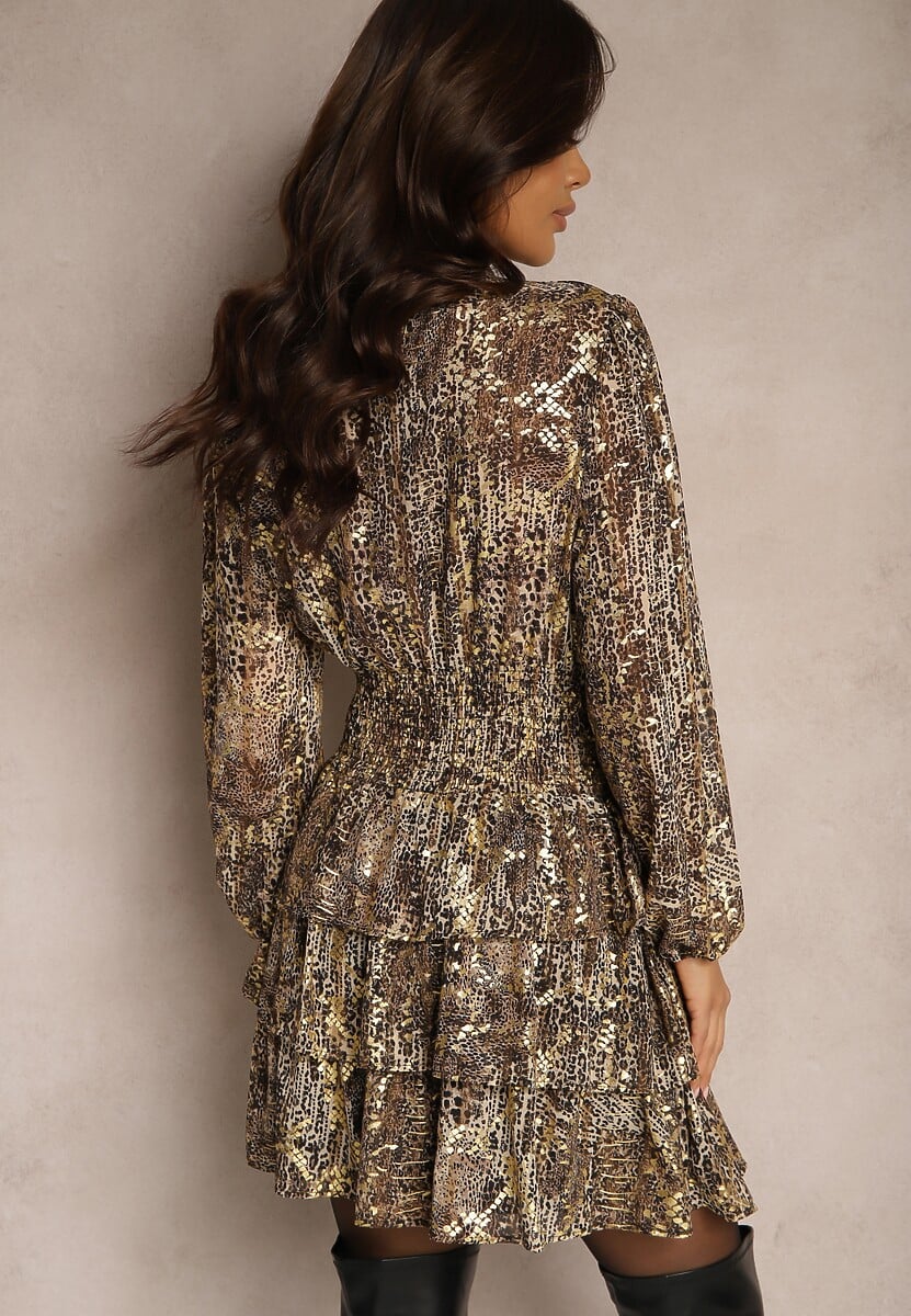 Brązowa Koktajlowa Panterkowa Sukienka z Gumkami w Pasie Ozdobiona Falbankami Quinthelia