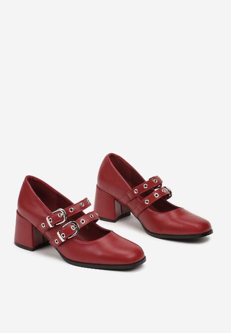 Bordowe Czółenka na Kwadratowym Obcasie Zapinane na Sprzączki Arreria
