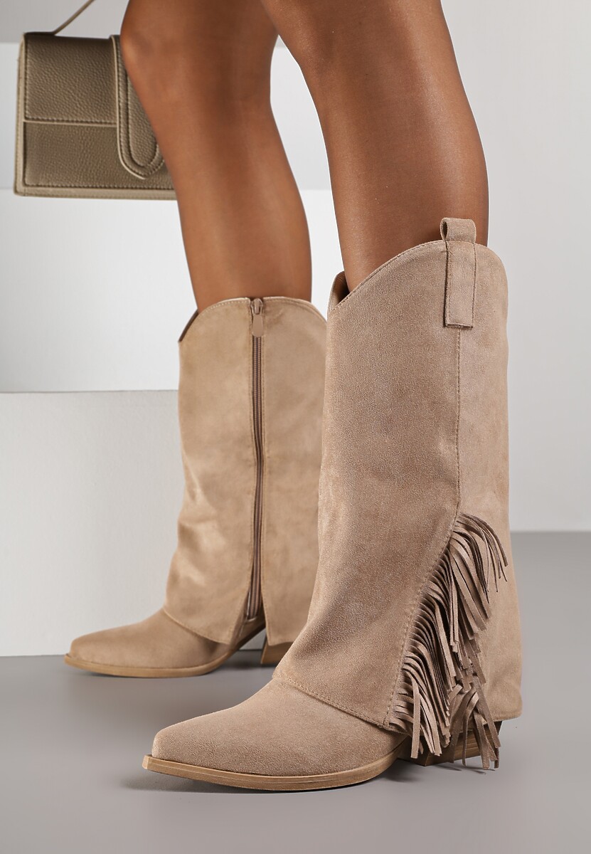 Brązowe Botki Kowbojki na Stożku Ozdobione Frędzlami Reielle