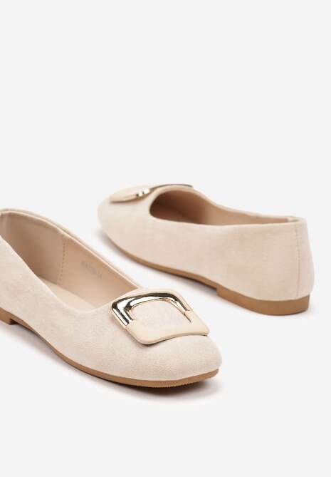 Beżowe Casualowe Balerinki na Płaskiej Podeszwie z Metaliczną Aplikacją Chrissti