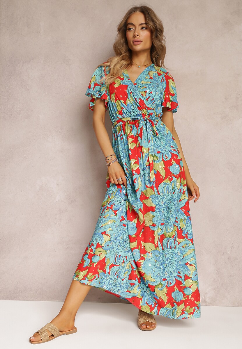 Niebiesko-Różowa Wiskozowa Sukienka Maxi z Kopertowym Dekoltem z Gumką w Talii Lynette