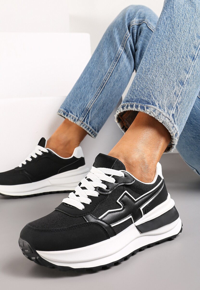 Czarno-Białe Sneakersy przed Kostkę na Platformie z Wstawką Evienne